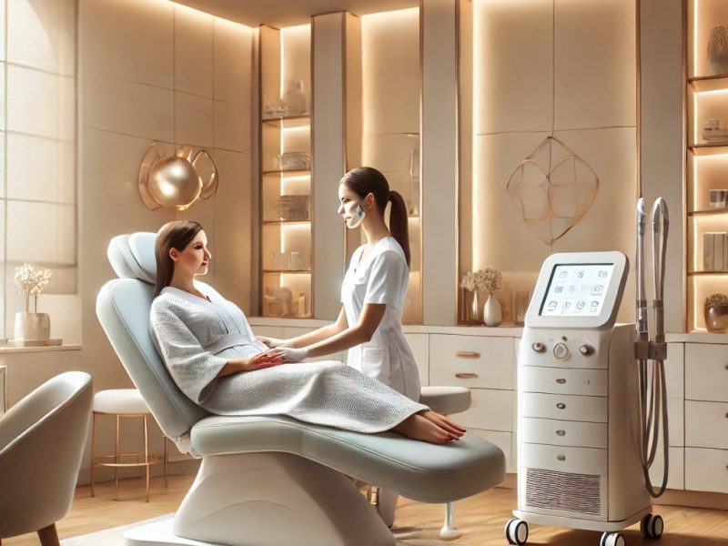 DALL·E 2024-11-08 12.14.58 - A serene, modern interior of a medical spa featuring a soft, welcoming color palette with clean, minimalist design. A medical technician in a professi